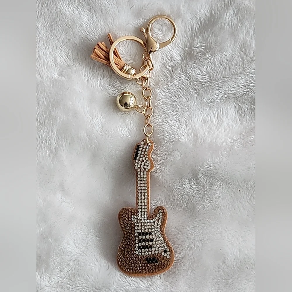 Guitar Keychain with Rhinestones and Gold Accents Bag Charm